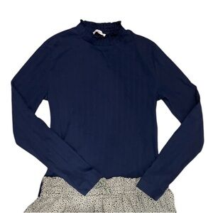 Navy Long Sleeve Top with Ruffle Neck